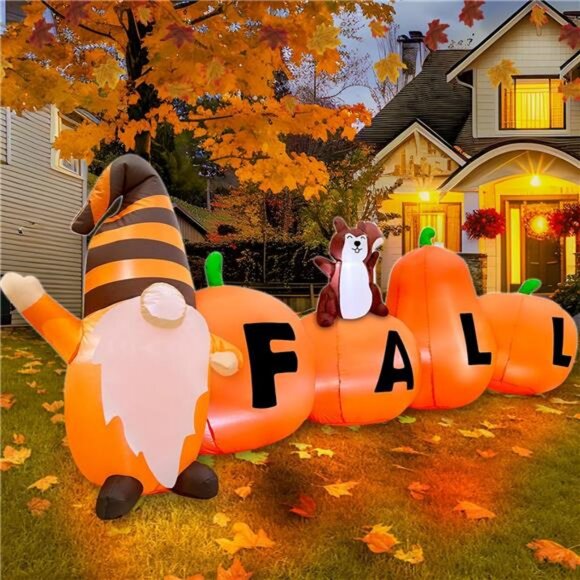 7FT Long Fall Inflatables Pumpkin Outdoor Decoration Pumpkin with Gnome Squirrel - Picture 4 of 7